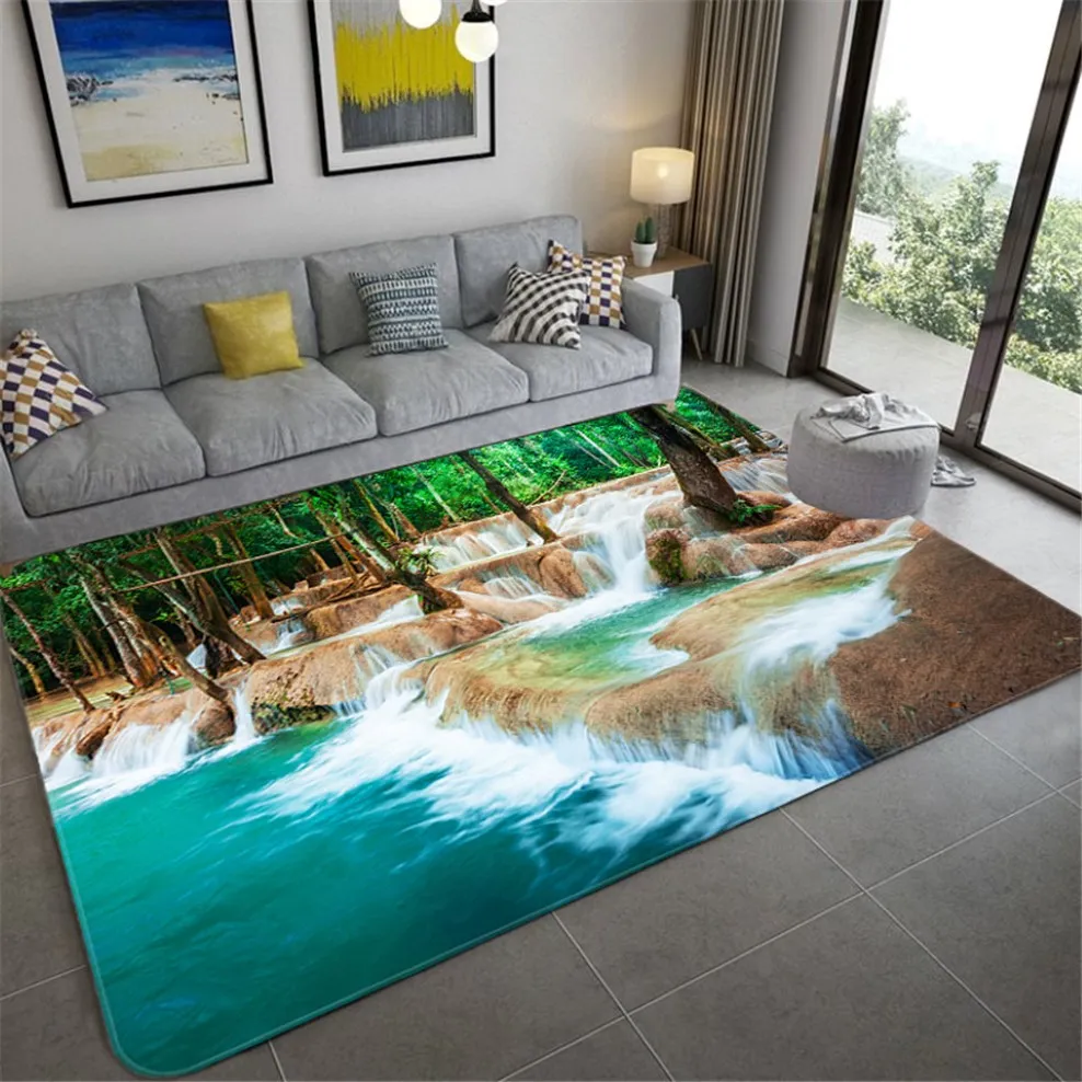 Natürliche Landschaft 3D-Teppich für Wohnzimmer Grüne Wald Wasserfall Landschaft Teppich Schlafzimmer Anti-Rutsch-Teppich im Badezimmer groß 257Q