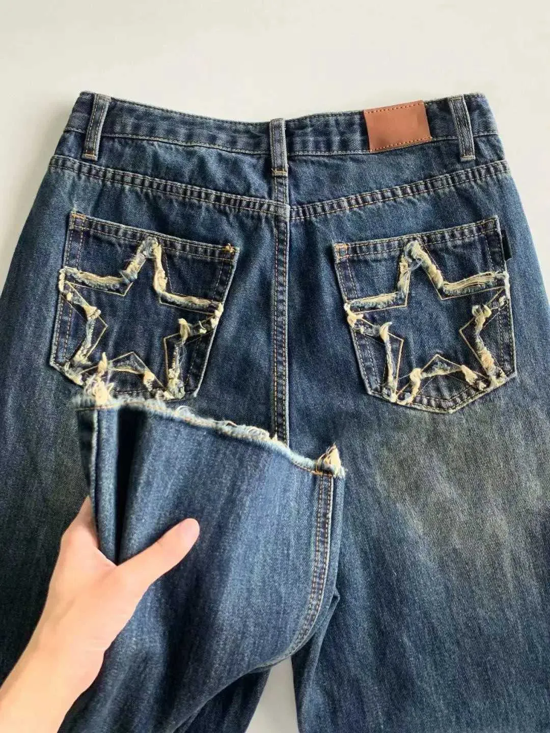 Jeans féminins américain vintage étoile patchwork poche de poche féminine haute taille rétro rétro strtwear décalage décontracté pantalon flare y2k h240508
