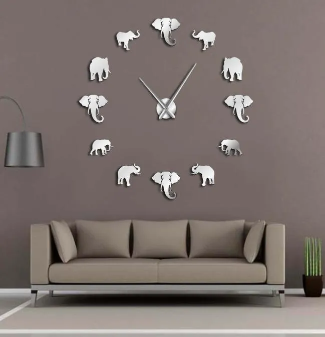 Dschungeltiere Elefant DIY Große Wanduhr Home Decor Moderne Design Mirror Effect Riesen rahmenlose Elefanten DIY Uhr Uhr Y2006481183