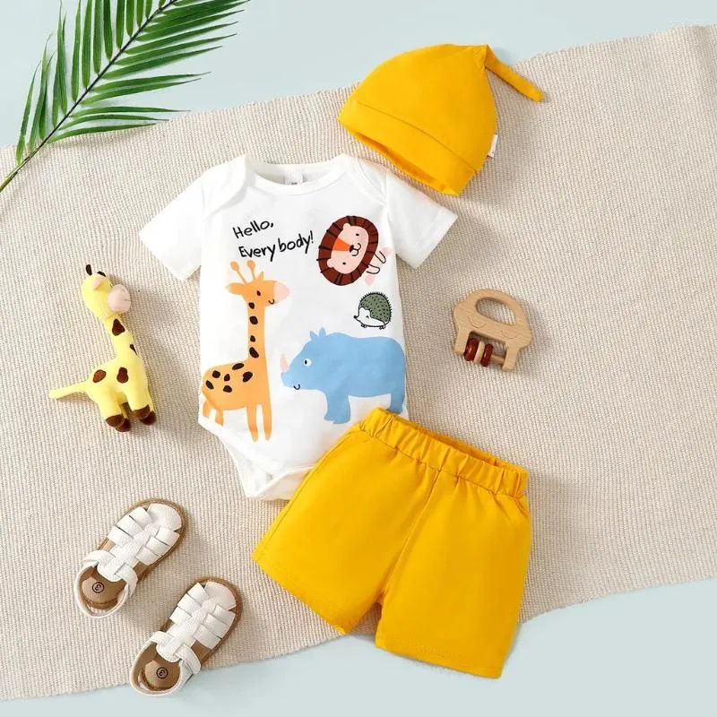 Kledingsets 1-24 maanden geboren Baby Boy 3 stcs Set White Cartoon korte mouw Top gele shorts hoed mode schattige zomer dagelijkse slijtage