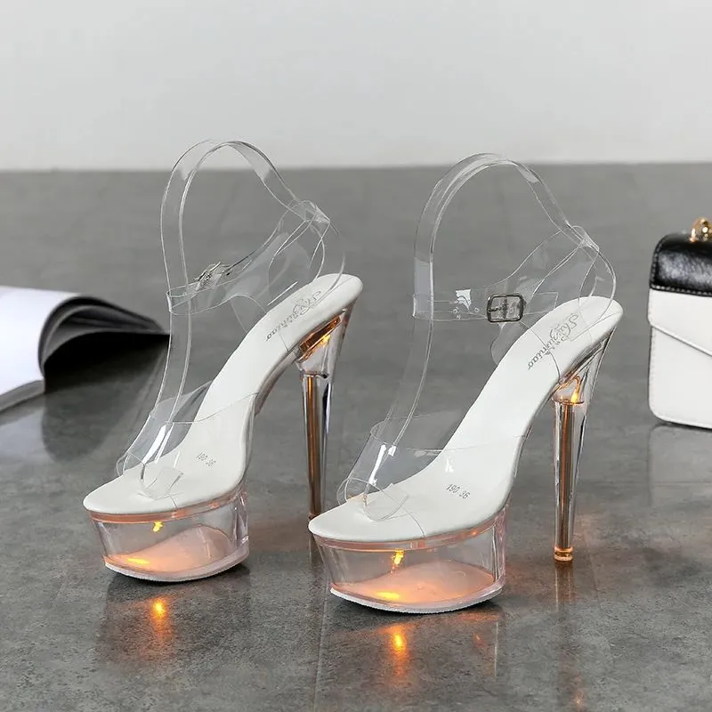 Işıklı parlayan ayakkabılar kadın aydınlık berrak sandalet kadın platform ayakkabıları açık yüksek topuk şeffaf striptizci düğün ayakkabıları