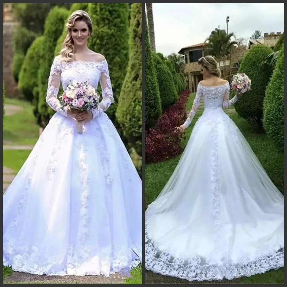 2020 NIEUWE Vestidos de Noiva Casamento Princess Wedding Jurken Off Shoulder Sheer lange mouw trouwjurk kralen Arabische tuin Bridal 2372