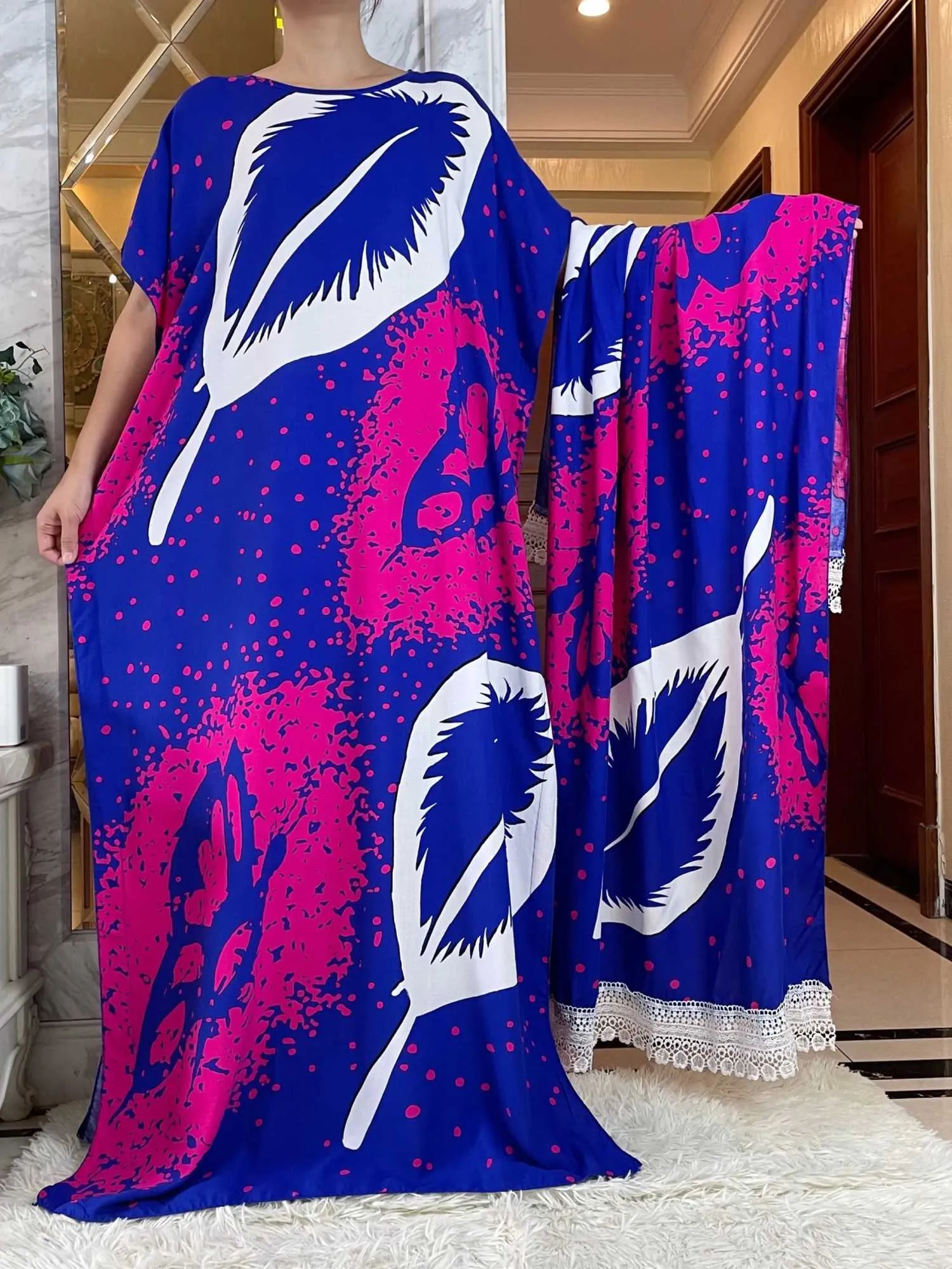 Abbigliamento etnico Nuovo abito Abaya Eid con una grande sciarpa African Summer Women Short Slve Dashiki Dresign Stampato Florale Abbigliamento in cotone islamico floreale T240510