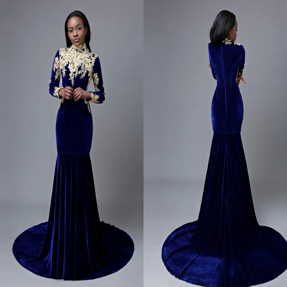Fashion Velvet Mermaid Prom Kleid billige königliche Blaue Langarm 2020 Gold Spitzen Applique Sweep Zug Reißverschluss Abend Formale Kleiderkleider 201n
