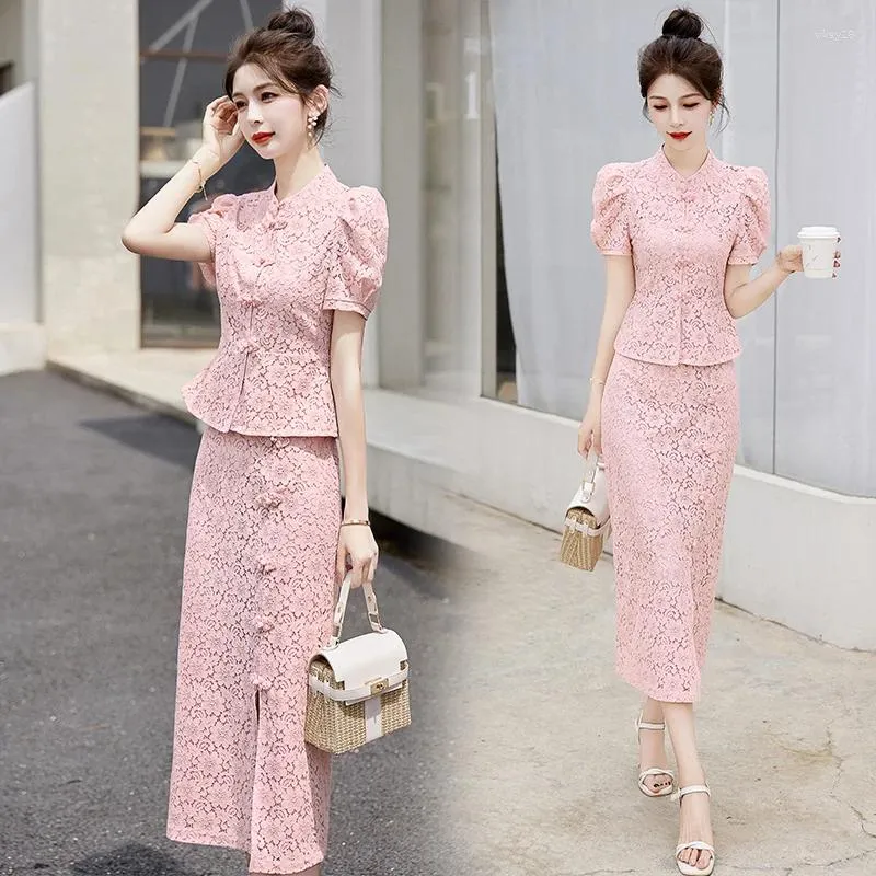 Work Dresses Ladies Elegant Stand Collar Lace Blouse Skirt Summer Chinese Tranditonal 2 Pieces Clothes Female Suits Set Short Sleeved