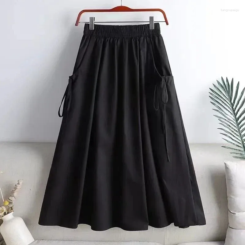 Skirts Drawstring Lace Up Elastic High Waist Solid Casual A-line Women's Skirt Korean Fashion Mid-Calf For Women Summer Z9