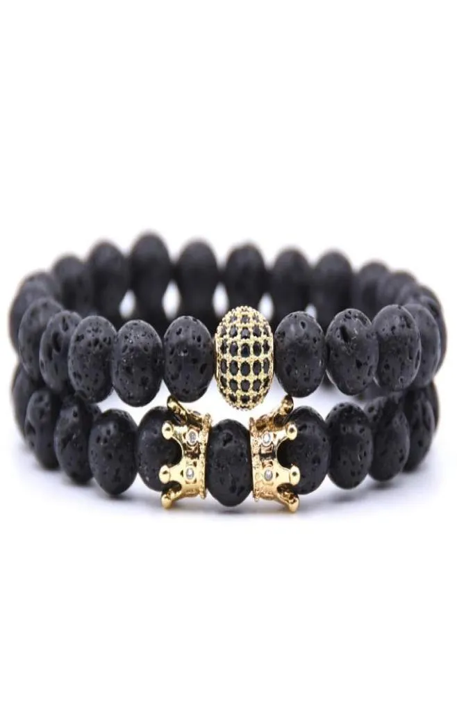 Nuova coppia di moda Bracciale 2 pezzi set di uomini gioielli da 8 mm 8mm Lava Natural Lava Stone Microinlay Zircon Crown Charm Bracelet per donne8976464