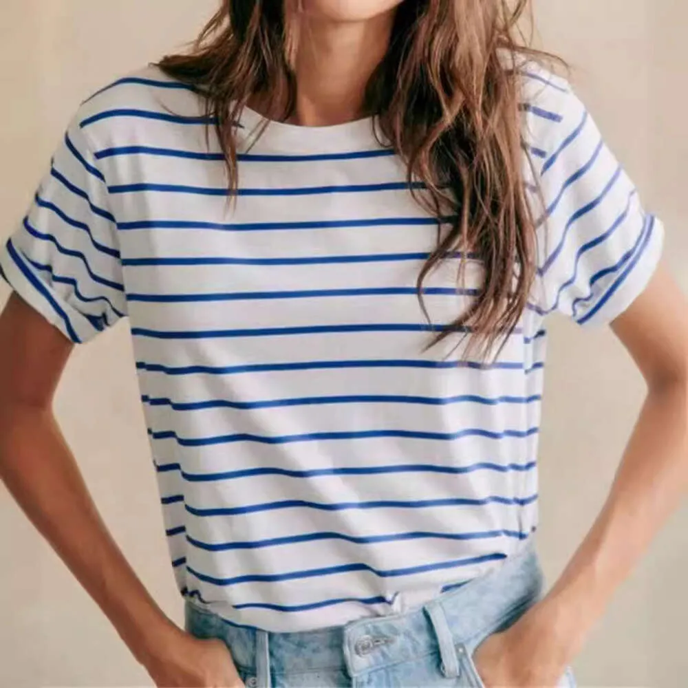 24SS-Designer Sommer Neuer klassischer Streifen Druck lässig rundes Halsblau-Top Frauen vielseitig kurzärmelig T-Shirt Bluse Frau Hochwertige Baumwollkleidung