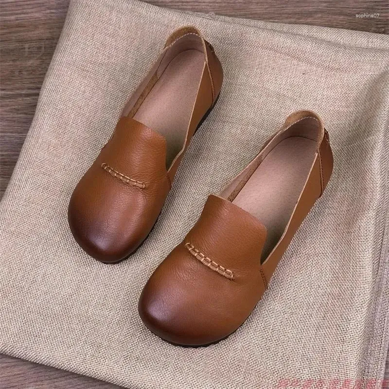 Chaussures décontractées vintage première couche cuir de vache en cuir en cuir doux semets plats ronds single