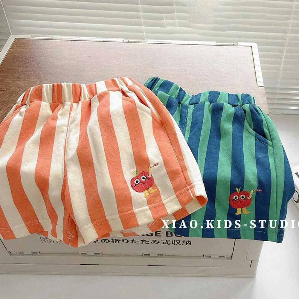 Shorts Childrens shorts elastic waist knee length loose straight design casual summer childrens stripes embroidered pants unisex style d240510