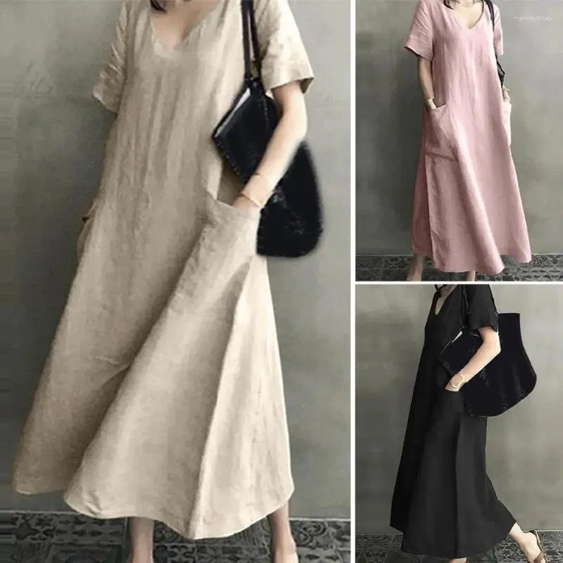 Casual Dresses Women Dress Vintage V Neck Maxi med fickor för fotledslängd Löst passande sommarkläder Korta ärmar Big Hem