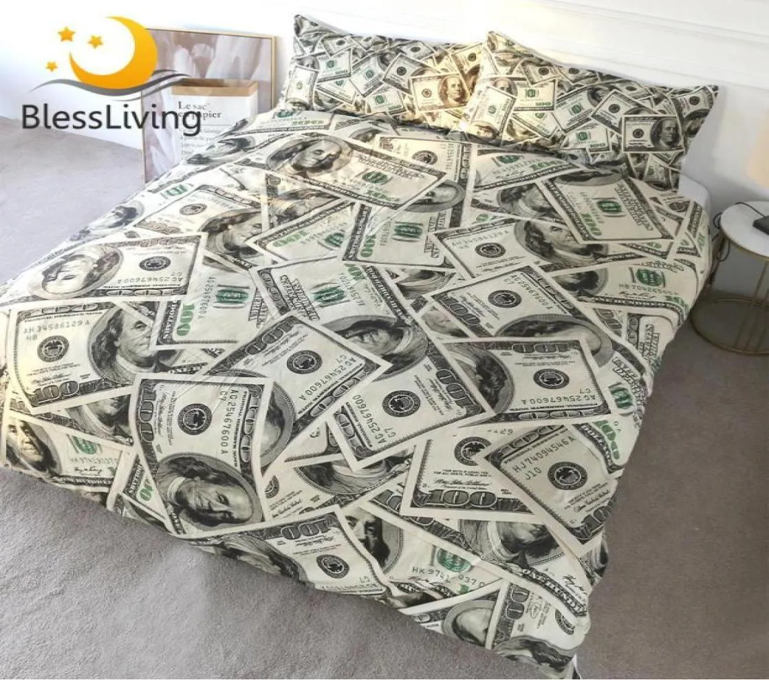 BlessLiving 3D Modern Bedding Set Dollar Motiv Tryckt täcke täckning Vivid Comforter Cover 3 stycken pengar mönster säng set dropship c7199485