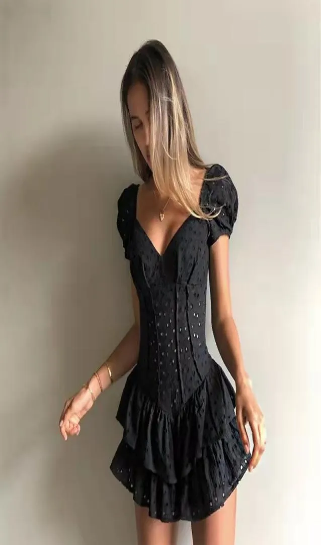 2022 Fashion V Neck Ruffles Pleated Dress Women Puff Sleeve Chic Black Summer Dress Party Hollow Out Vintage Corset Ladies6095513