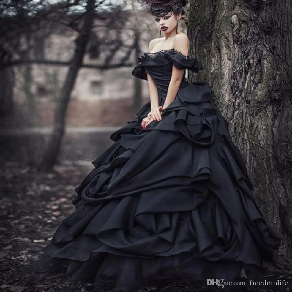 Vintage gotisk svart bollklänning spets bröllopsklänningar från axel ruffles draperade tiered kjol lyx plus size bröllopsklänning brudklänning 236r