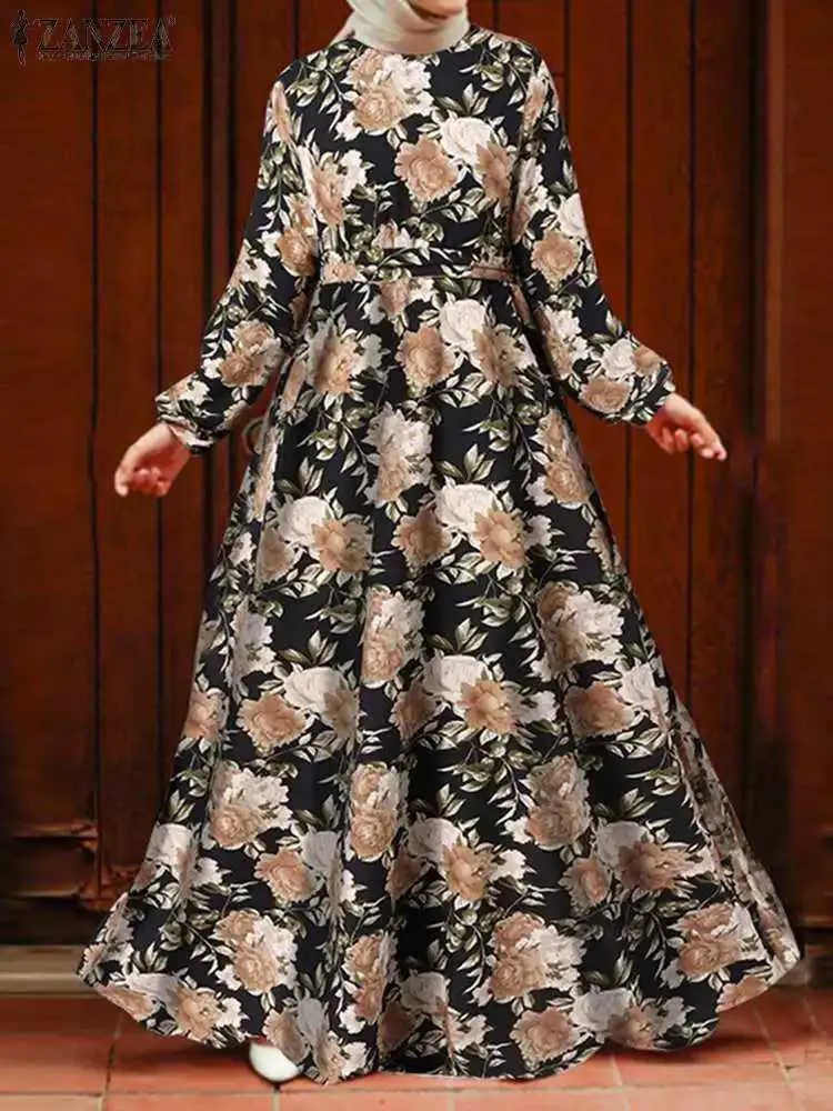 Ethnic Maxi Dress Casual Muslim Printed Floral Sundress with Puff Sleeves  for Women