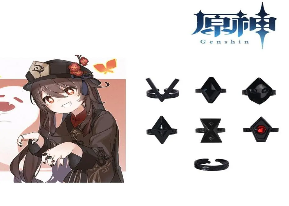 Другие мероприятия поставляют Китай аниме Genshin Impact Cosplay Acsessours Hu Tao Cos Rings Set Black Silver Alloy Ring 7 с подарочным 784902