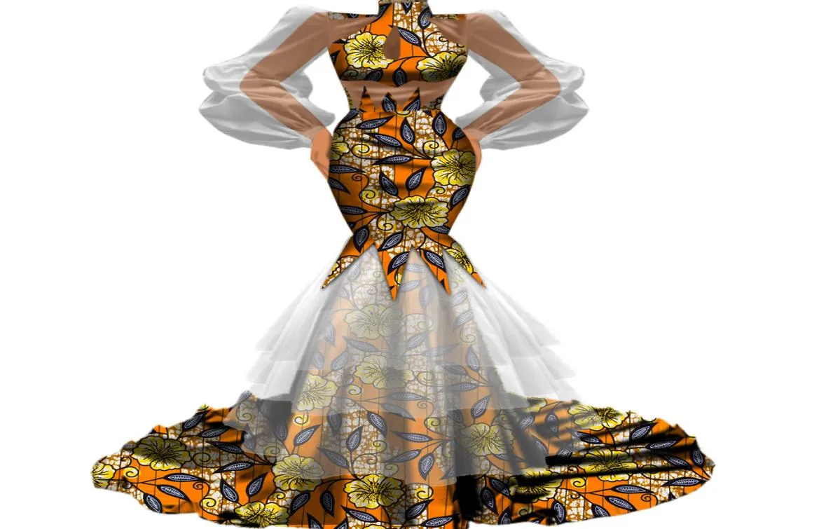 Bintarealwax New Design Women Elegant Bodycon High Qualitytutu Tulube Patchwork Falda de boda de tela africana Vestidos WY6346286