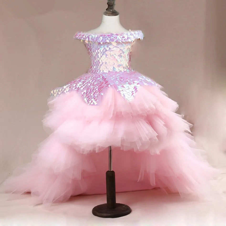 Pink Sequin High Low Girls Pageant Robes de l'épaule Robe de boule en tulle