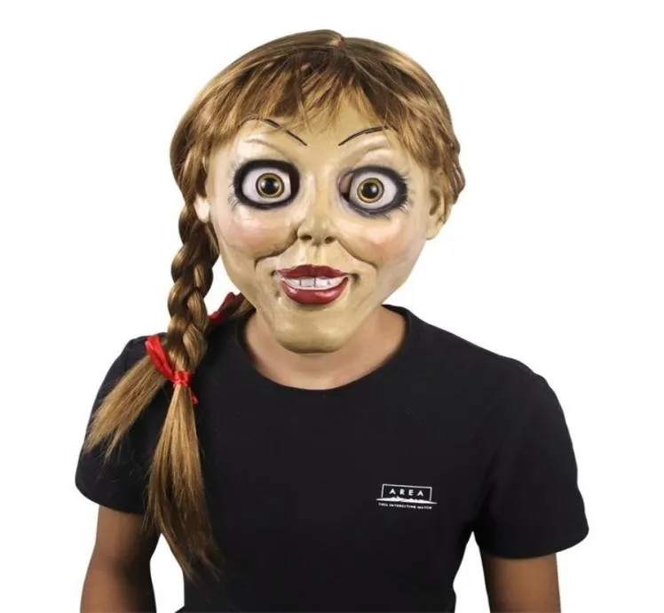 Halloween Annabelle Cosplay Annabel Doll Scary Movie Vuxen Full Head Latex Wigs Tails Party Mask 2206227986321