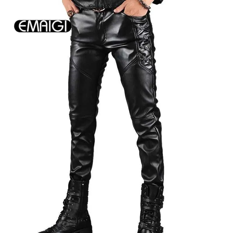 Men's Pants Mens leather pants mens fashion casual pants mens ultra-thin set PU leather motorcycle pants punk rock stage clothingL2405