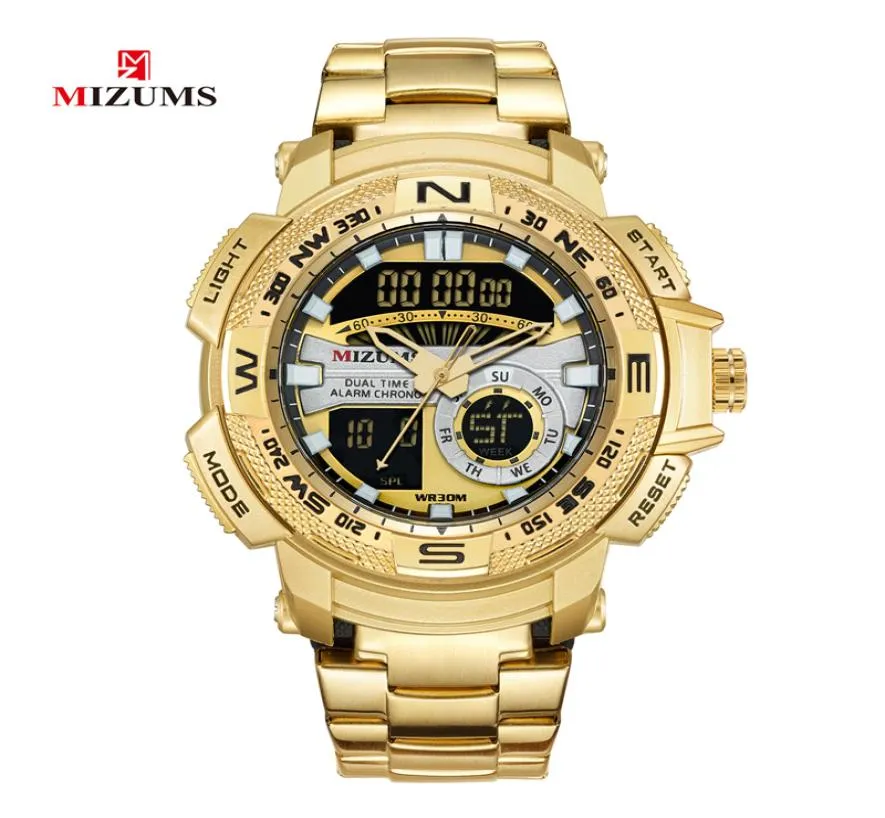 Mizums الساعات المعصم العسكرية LED Digital Sport Watch Gold Gold Stains Steel Band Dual Time Quartz Clock Man Relogio 4770108