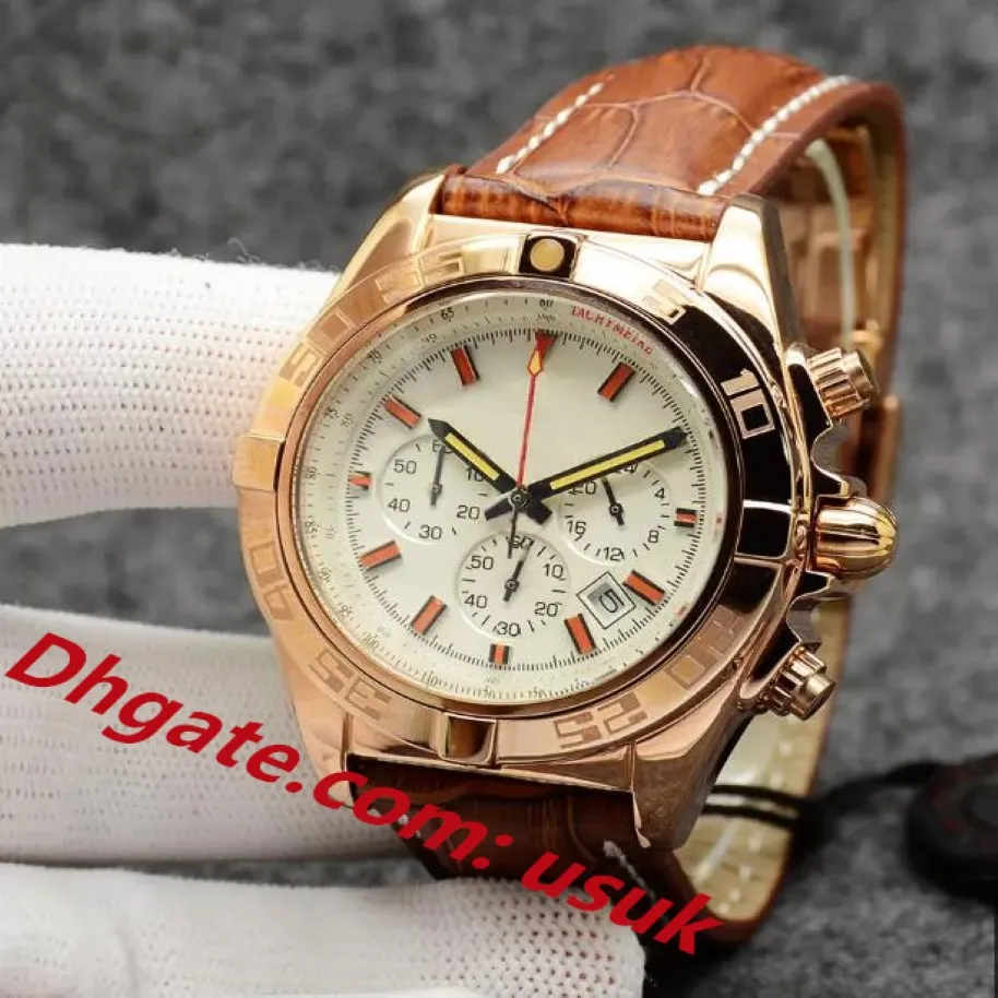 3A Quality Mens Watch 44mm Chronomat B01 Chronograph VK Mouvement Quartz Rose Gold Silver Diad 50th Anniversary Men Watches Leather Str 249H