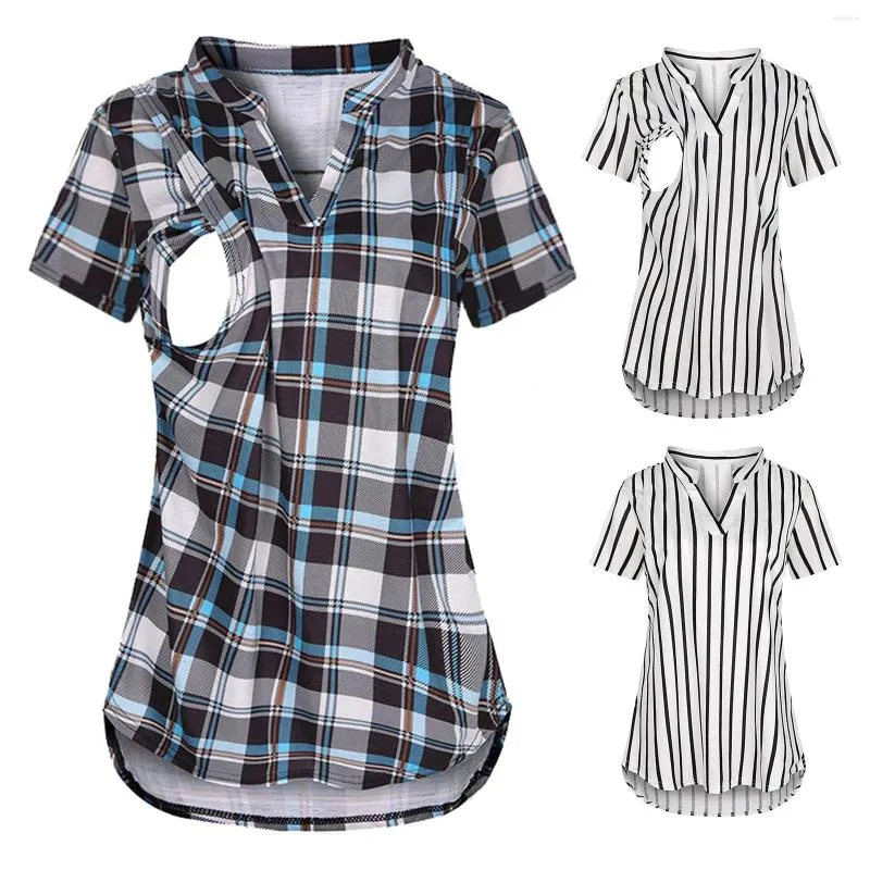 Blusas femininas camisas de maternidade listrada tampa de lactação xadrez de pescoço de pescoço curto algodão solto algodão feminino