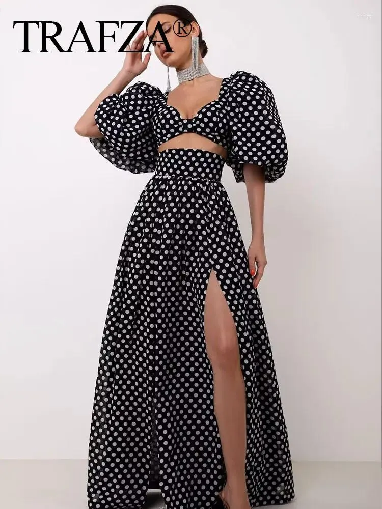 DHgate TRAFZA Polka Dot Print Skirt Set Cropped Top Slit Skirt Vintage Office Wear Apparel
