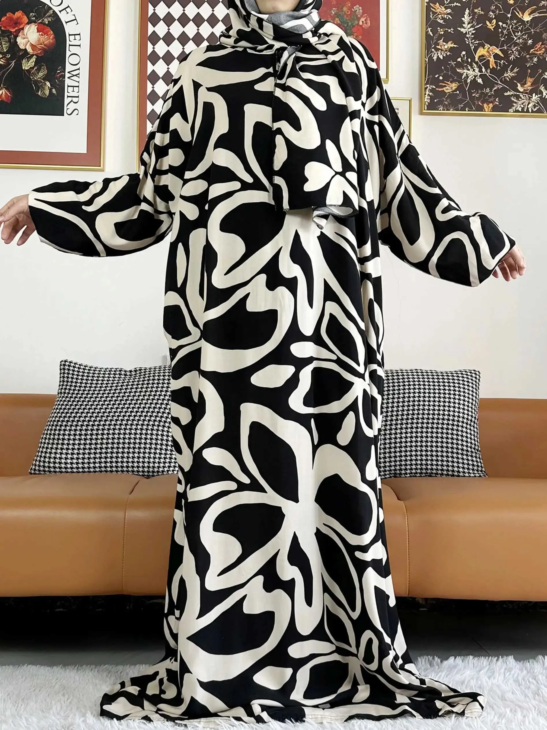 Ethnische Kleidung 2024 Muslim Cotton Ladys Abayas Ramadan Gebetskleidungsstück Dubai Türkei Nahe Osten Femme Robe Loose African Dress Turban Joint T240510