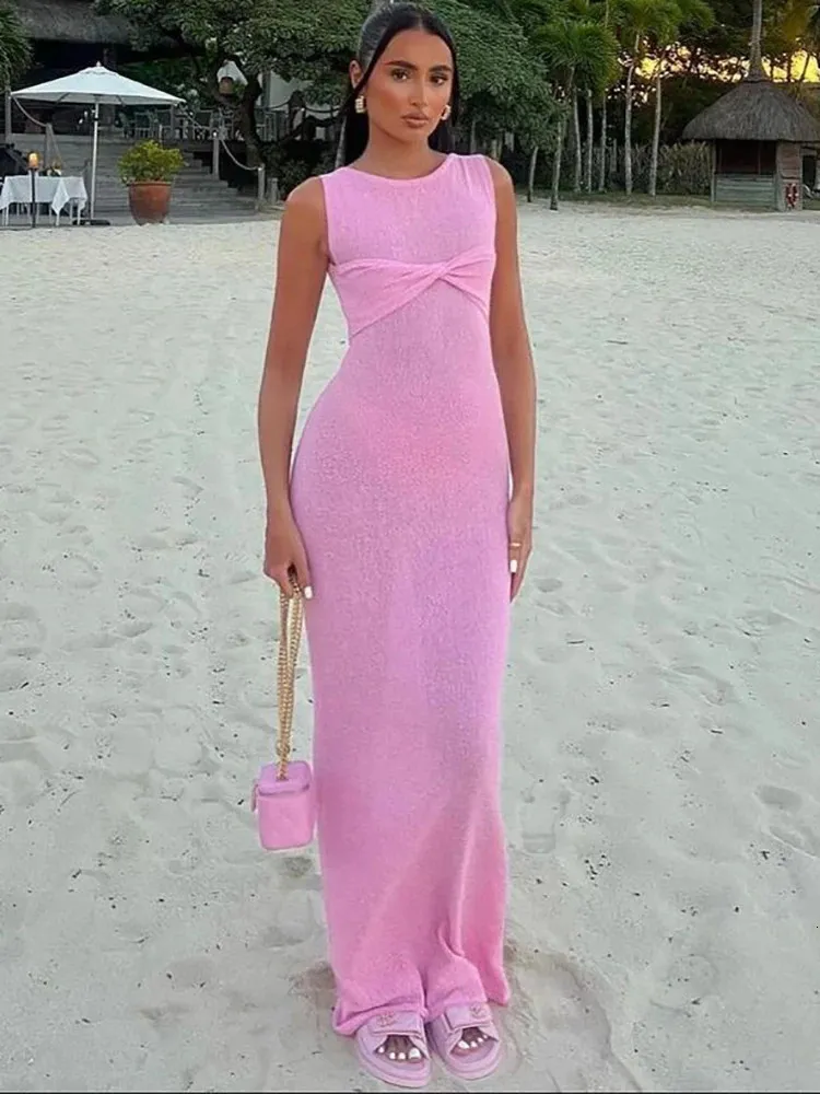 Julissa Mo dzianina okrągła szyi Ruched Women Maxi sukienka bez rękawów Wygląda przez kobietę letnie chuda elegancka imprezowa odzież plażowa 240429
