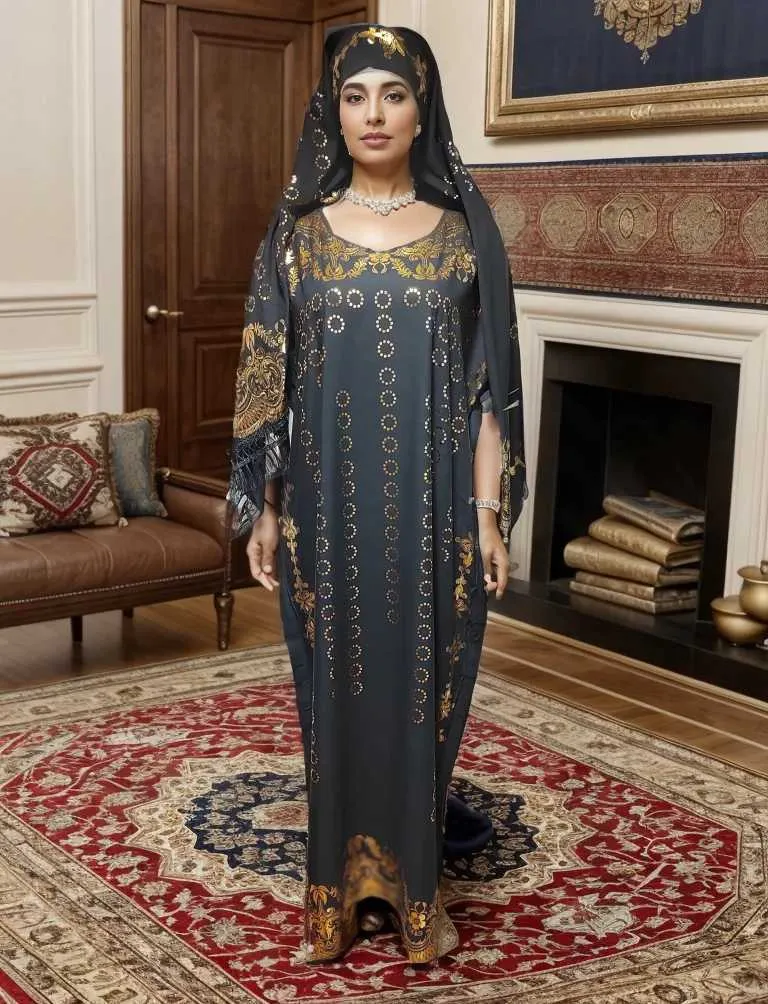 民族衣類2024 Neue Sommer Verlieren Kurzarm Baumwolle Robe Gold Stempel Boubou Maxi Islam femme Kleid Mit Groen Schal Afrik Anischen Aba T240510DH8S