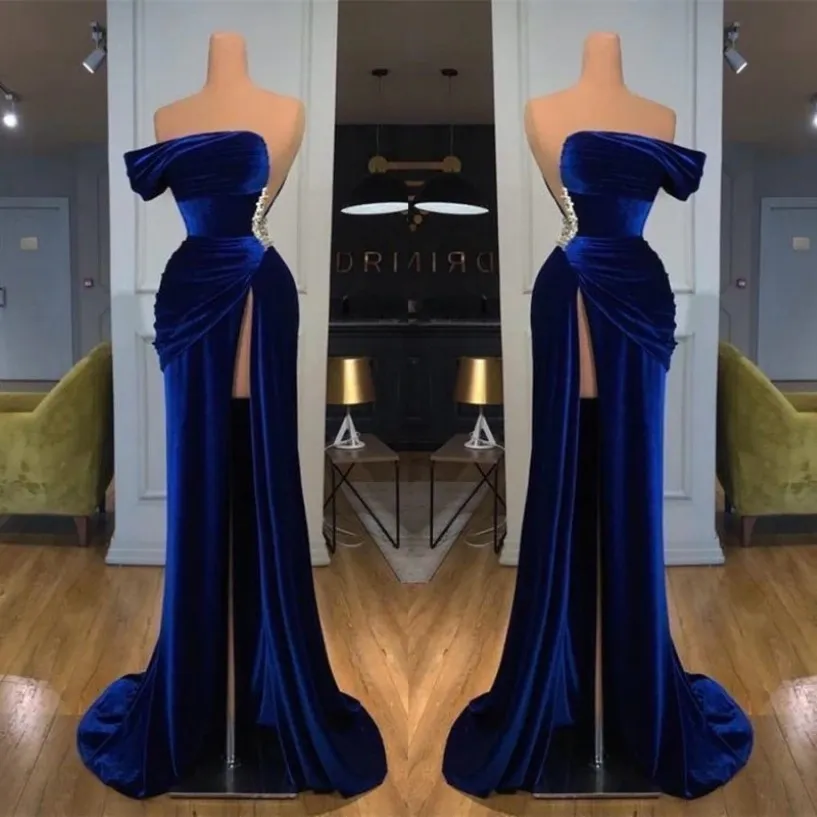 2022 Royal Blue Off-the-shoulder Long Prom Evening Dresses Velvet Backless Prom Gowns with Split BC11436 B0613G12 201D