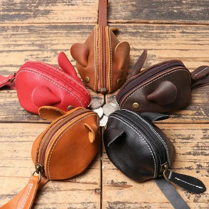Aufbewahrungstaschen Vintage Mini Coin Handtasche Echtes Leder kleine Brieftasche Frauen braune Mode süße Maustasche Trend Reißverschluss Tasche