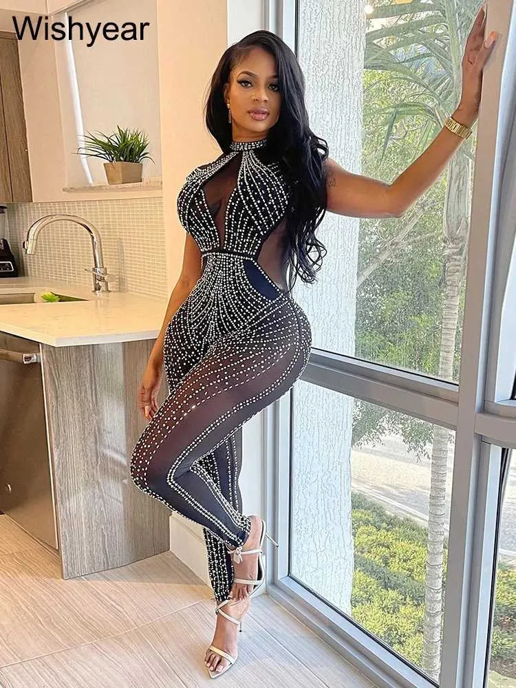 DHgate Mesh Rhinestone Jumpsuit Sexy One Piece Clubwear for Alluring Nights Apparel