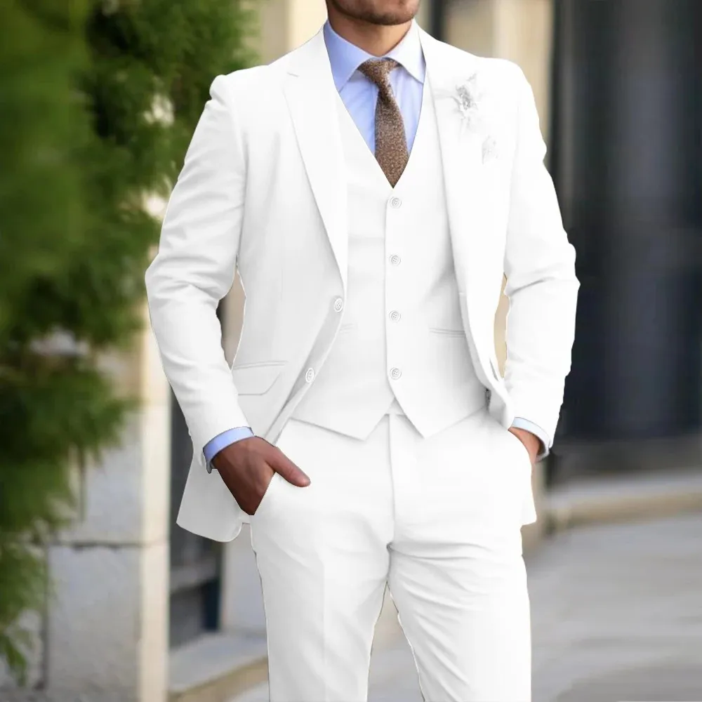 Ivory White Suits Men 3 Pieces Fashion Slim Fit Blazer Vest Pants Set Formal Business Wedding Tuxedos for Men Casual Clothing 240429