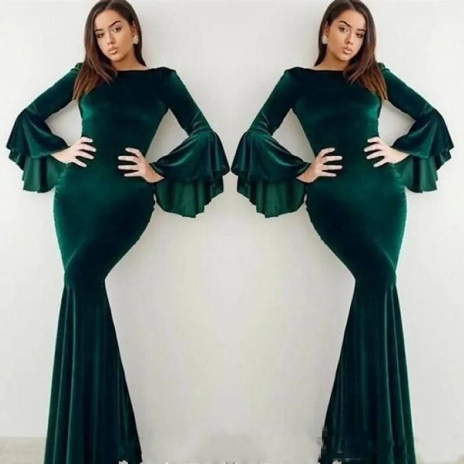 Popular Velvet Dark Green Evening Dresses Flare Long Sleeves Mermaid Arabic Celebrity Gowns Prom Dresses Plus Size 356S