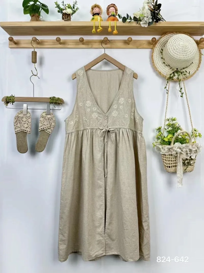 Casual Dresses V-Neck Embroidered Loose Cotton Linen Sleeveless Vest Dress