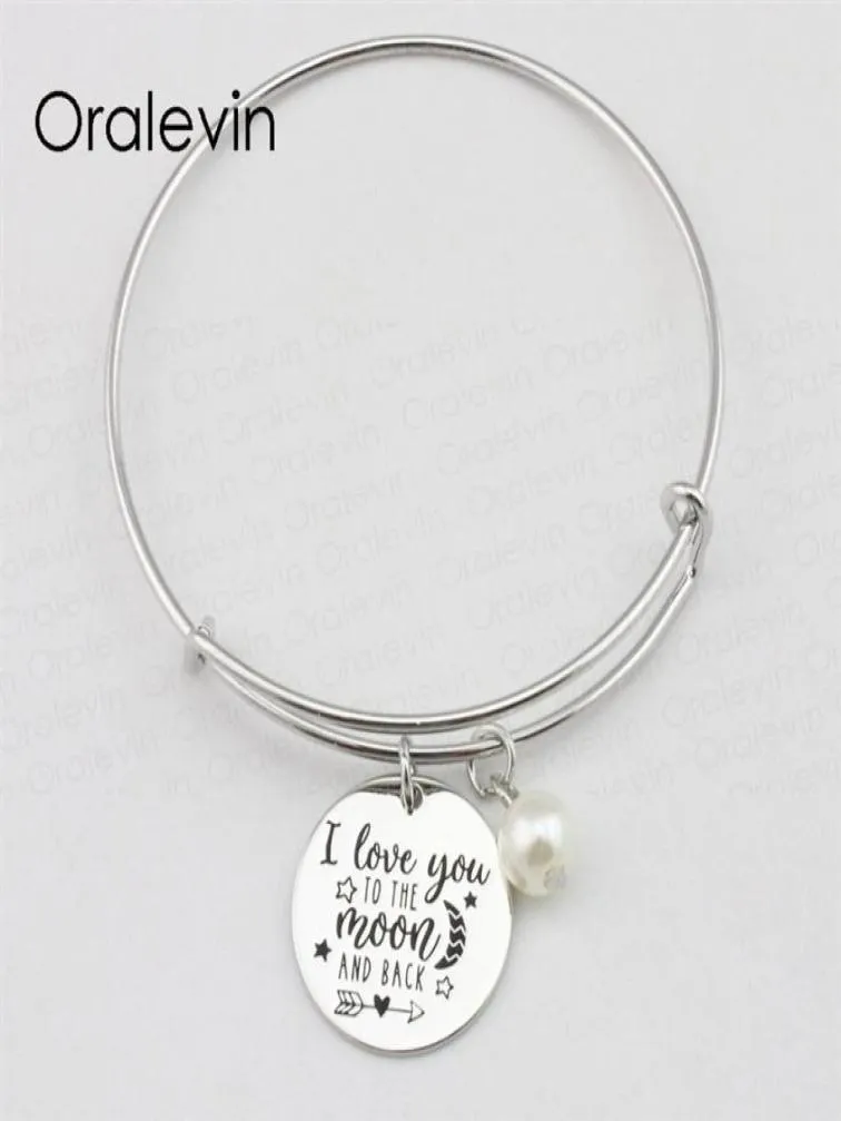 Ti amo sulla luna e la schiena Inspirational Stamped Charm Stamped Caspite incisa a ciondolo espandibile Bracciale fatti a mano 10pcs Lot 6788152