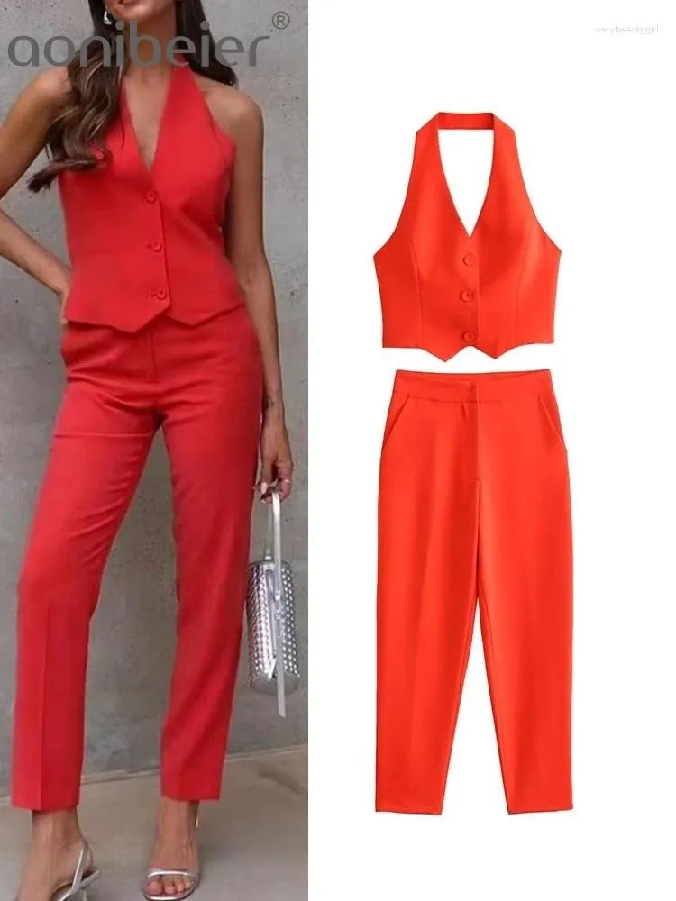 Kvinnors tvåbitar byxor aonibeier röda kvinnor ärmlös blazer Vest Ankel passar Summer V Neck Slim Halter Crop Top Female Office Sets