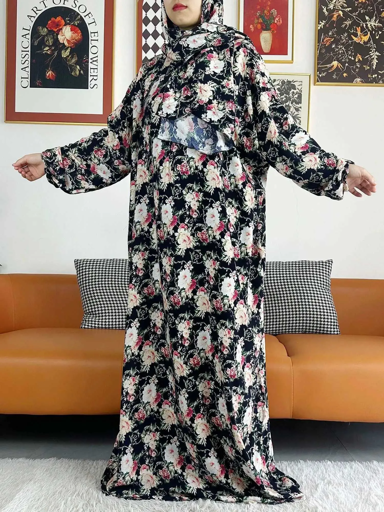 Etniska kläder Ny muslimsk bomull Abaya för kvinnor Ramadan Bön Dubai Turkiet Mellanöstern Femme Robe Floral Loose African Dress Scarfs Joint T240510