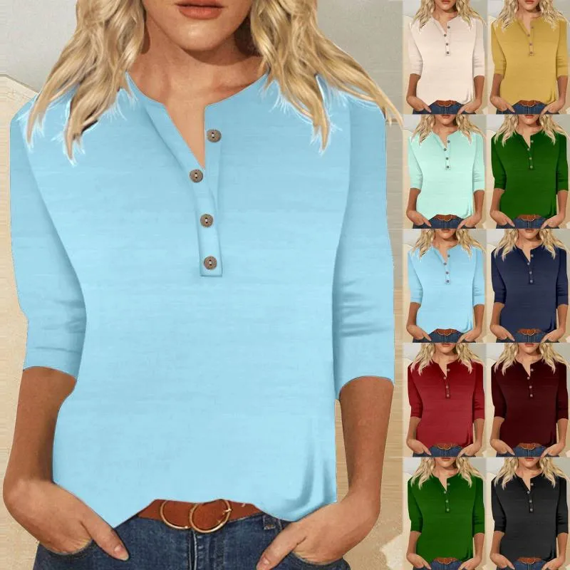 Magliette da donna magliette per donne tees Trendy casual V collo colorato pulsante di stampa geometrica lucida abbigliamento femmina a tre quarti
