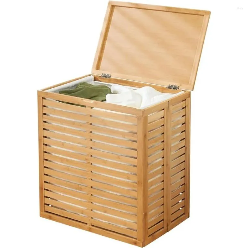 Сумки для стирки бамбука деревянные складные корзины Организатор хранения корзины с съемной крышкой вкладыша из ткани