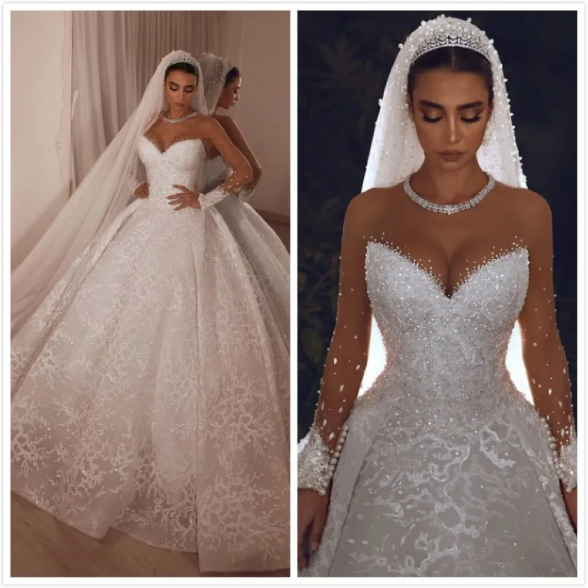 arabic aso ebi lace beaded crystals wedding dresses sheer neck long sleeves bridal dresses sexy vintage wedding gowns zj522 1781