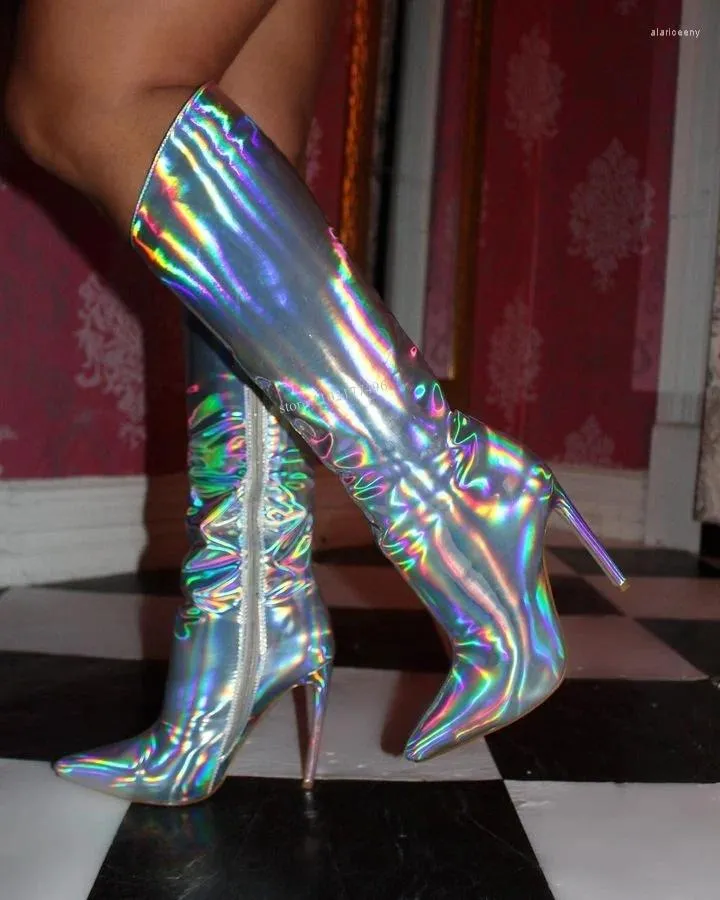 Stövlar spegel glitter färgglad silver glänsande bling stilett klackar nattklubb kvinna sexig knä längdstövlar ziper designer sko