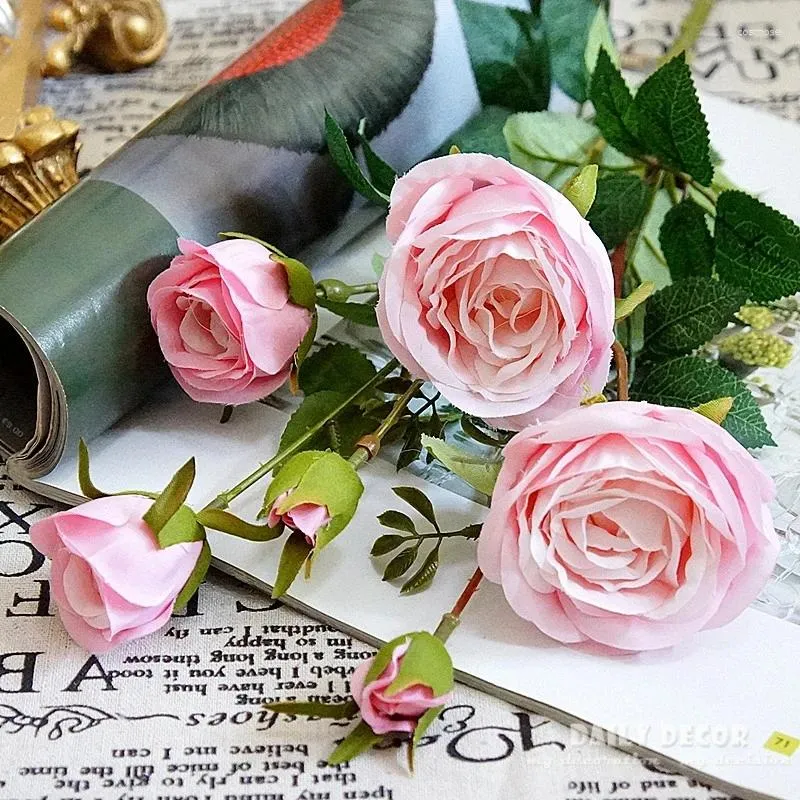Fleurs décoratives 10pcs / lot!En gros très belle 6 têtes artificielles de fleur de rose faux mariage de soie maison