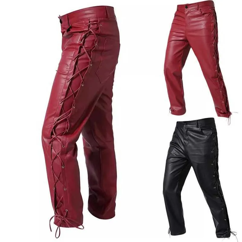 Men's Pants 2024 New Hot Selling Mens Gothic Leather Pants Fashion Shoulder Straps Rock Motorcycle Leather Pants American PU Leather PantsL2405