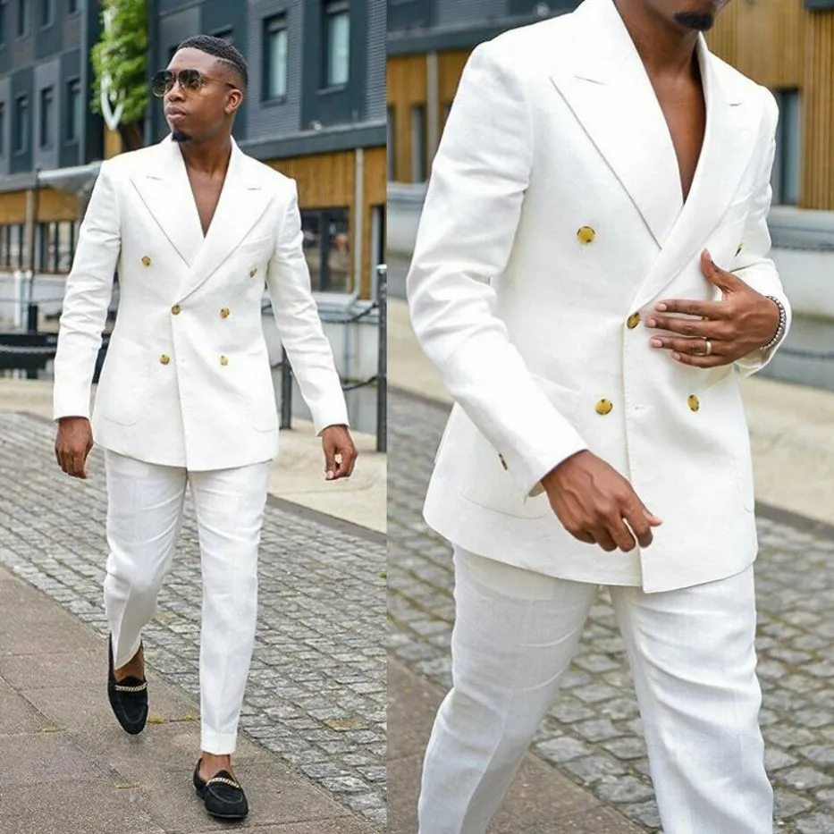 Handsome Men's Formal White Linen Suits Groom Wear Double Breasted Party Wedding Peaked Lapel TuxedosJacket Pants 303E