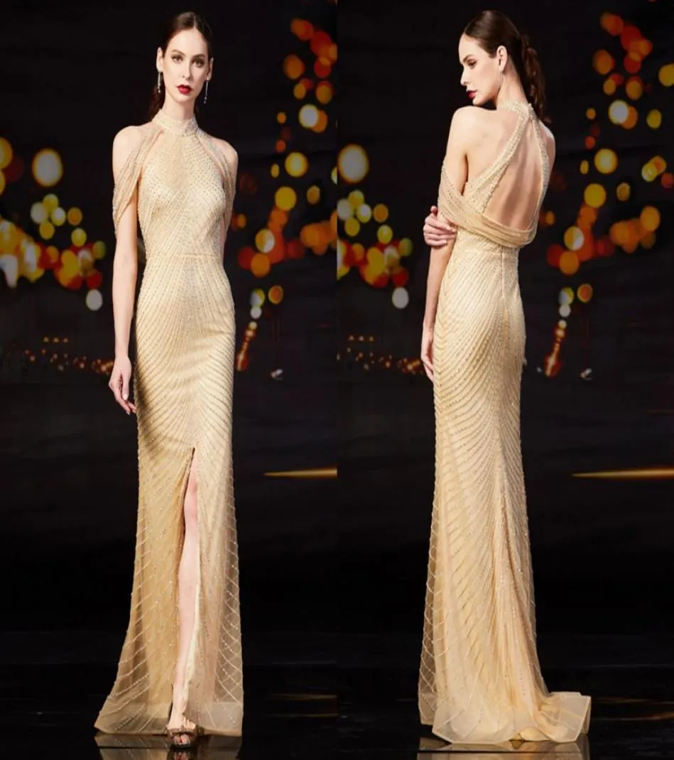High Neck Front Slit Champagne Evening Dresses Robe Longue Luxury Crystal Sexy Mermaid Prom Dresses7649078