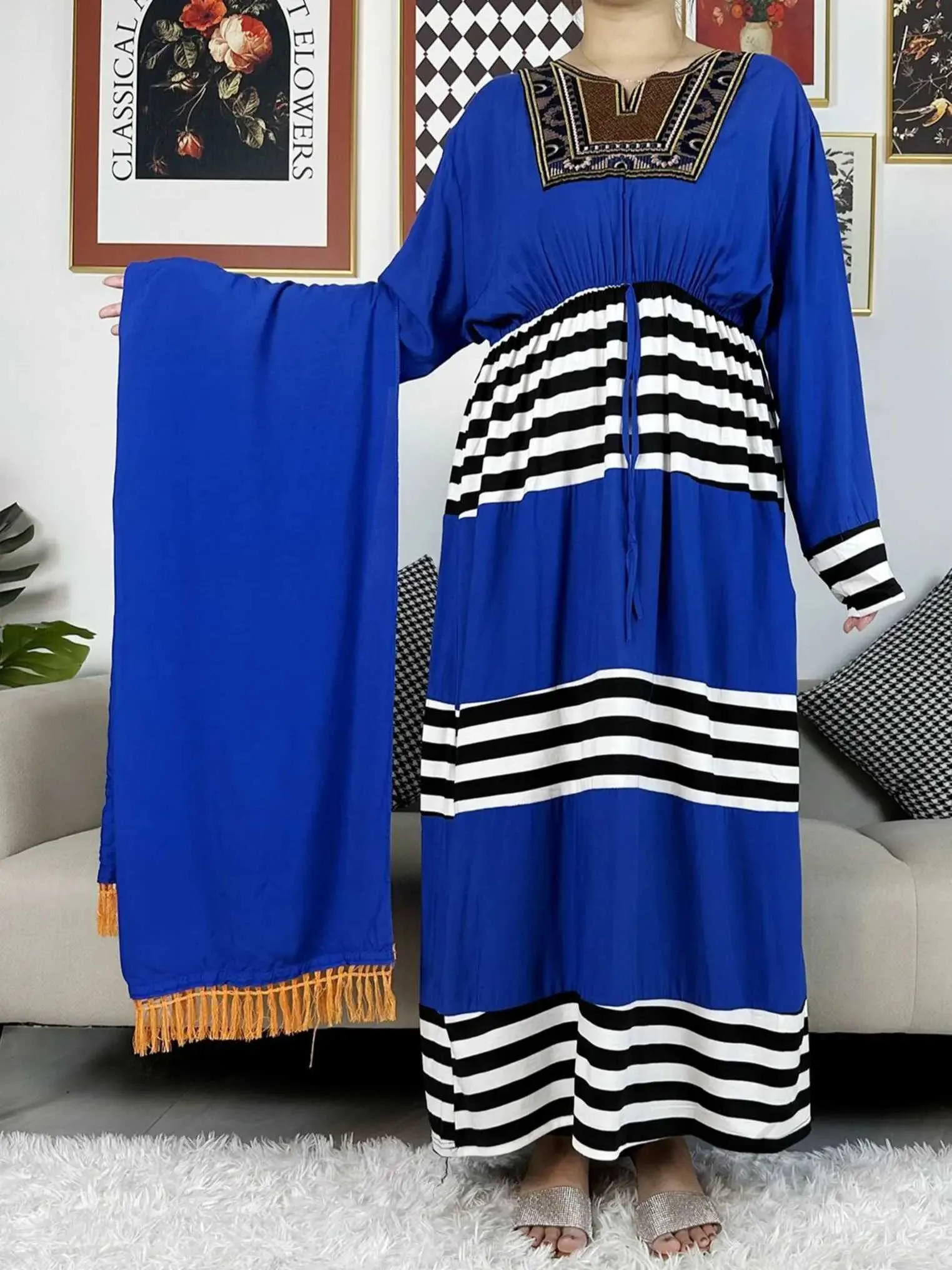 Roupas étnicas 2023 New Kaftan Women Cotton Cotton Abaya Vestidos Long Slve estilo solto Dashiki Dubai Stripe Lady Lady Vestres para Lady T240510