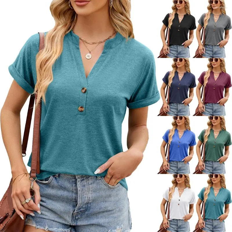 T-shirts pour femmes Femme Summer Trendy Simple Casual Fashion Button Fashion V Vin Cou Neck Short Solide Loose Playlover Tops Ropa de Mujer